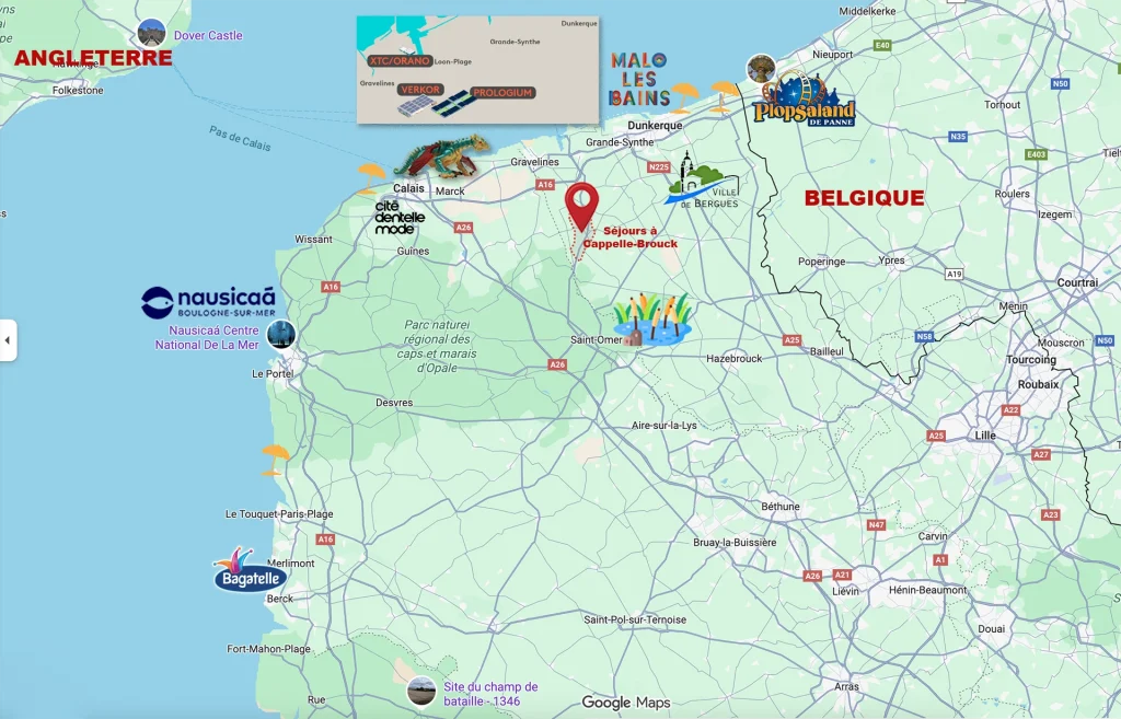 Carte des Flandres pour situer les gites Séjours à Cappelle Brouck